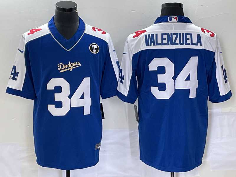 Mens Los Angeles Dodgers #34 Toro Valenzuela Blue Vin Scully Patch Stitched Jersey